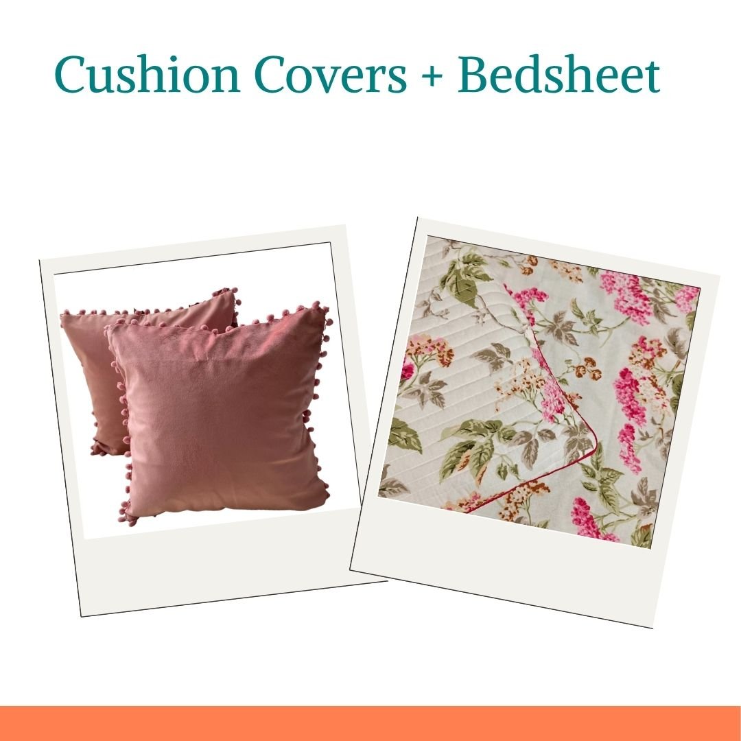 Rosewood & Velvet Flora Bedroom Combo – Suede Pompom Cushion Covers & Floral King Size Bedsheet - Coral Slub -