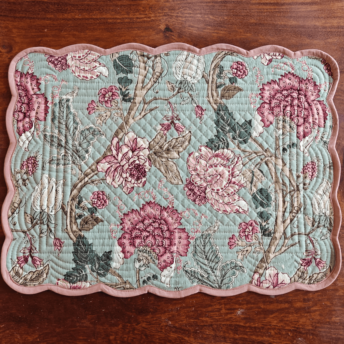 Royal Bloom Quilted Reversible Placemats – 100% Cotton – Set of 6 - Coral Slub - 