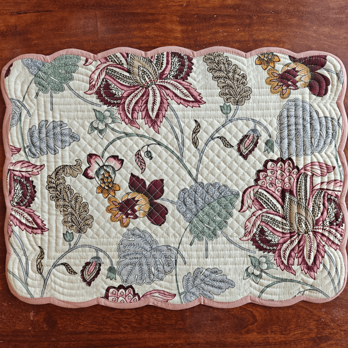 Royal Bloom Quilted Reversible Placemats – 100% Cotton – Set of 6 - Coral Slub - 