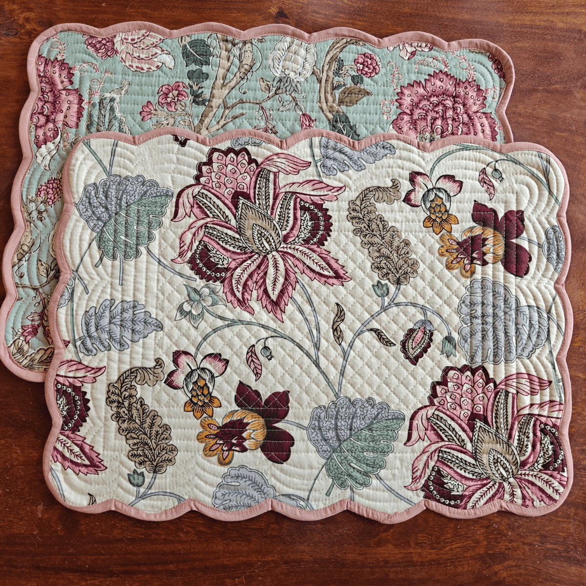 Royal Bloom Quilted Reversible Placemats – 100% Cotton – Set of 6 - Coral Slub - 