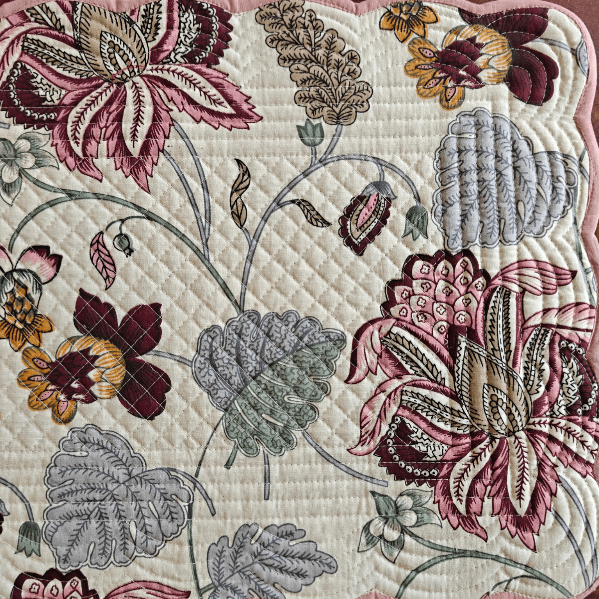 Royal Bloom Quilted Reversible Placemats – 100% Cotton – Set of 6 - Coral Slub - 