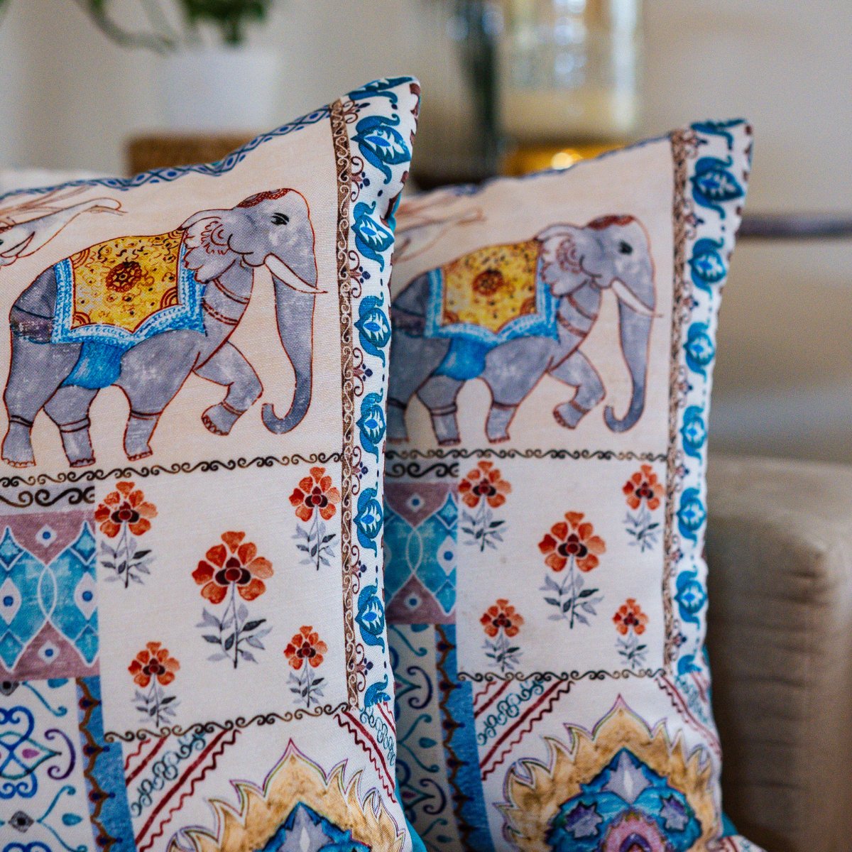 Royal Garden Blue Elephant Print Cushion Covers, 16" x 16", Pack of 2 - Coral Slub - 