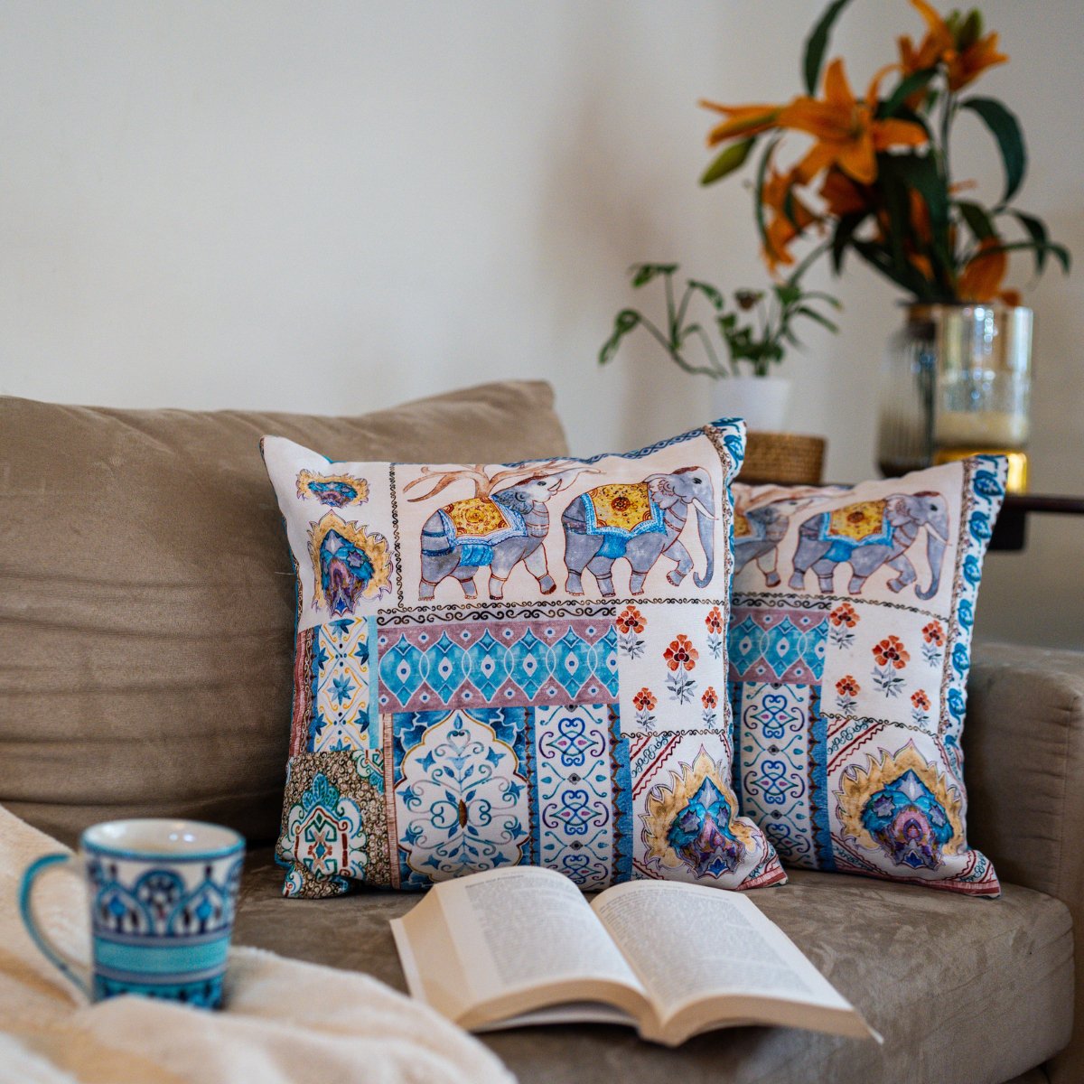 Royal Garden Blue Elephant Print Cushion Covers, 16" x 16", Pack of 2 - Coral Slub - 