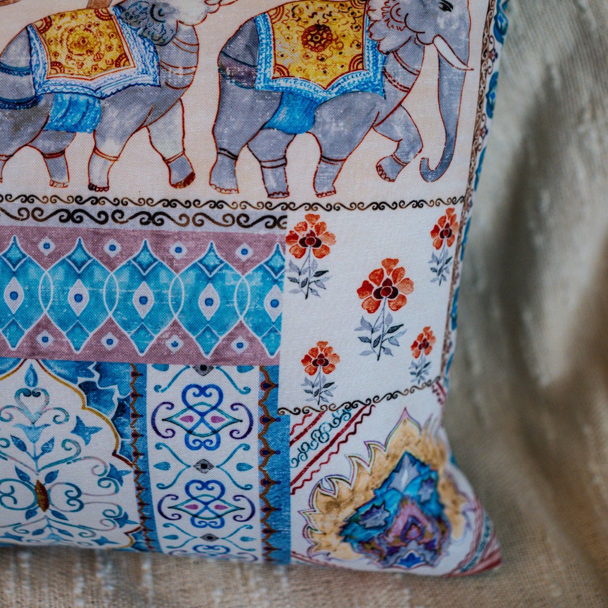 Royal Garden Blue Elephant Print Cushion Covers, 16" x 16", Pack of 2 - Coral Slub - 