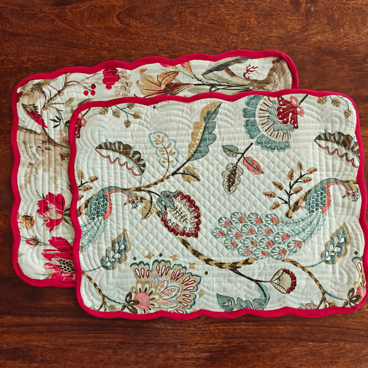 Royal Red Quilted Reversible Placemats – 100% Cotton – Set of 6 - Coral Slub - 