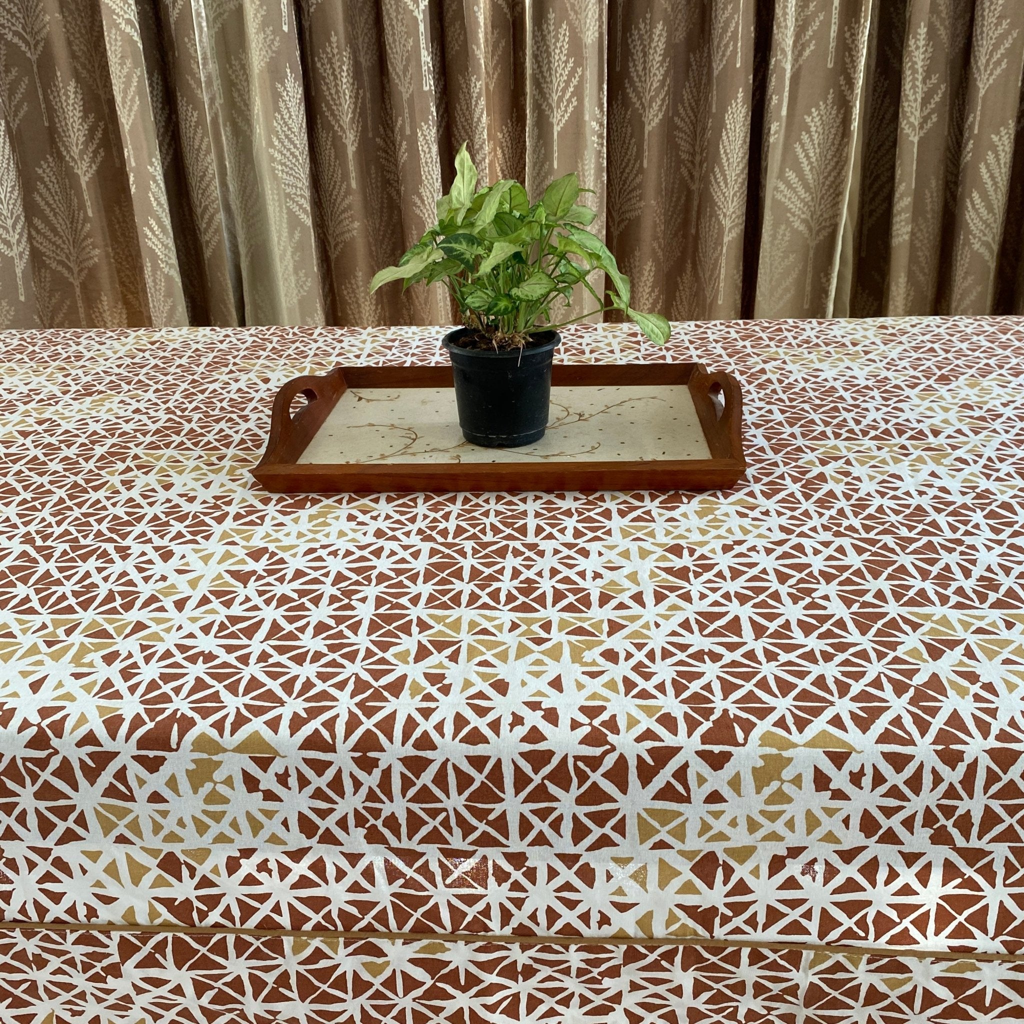 Rust Kaleidoscope 6 Seater Dining Table Cover, 100% Cotton, 60" x 90" - Coral Slub - 