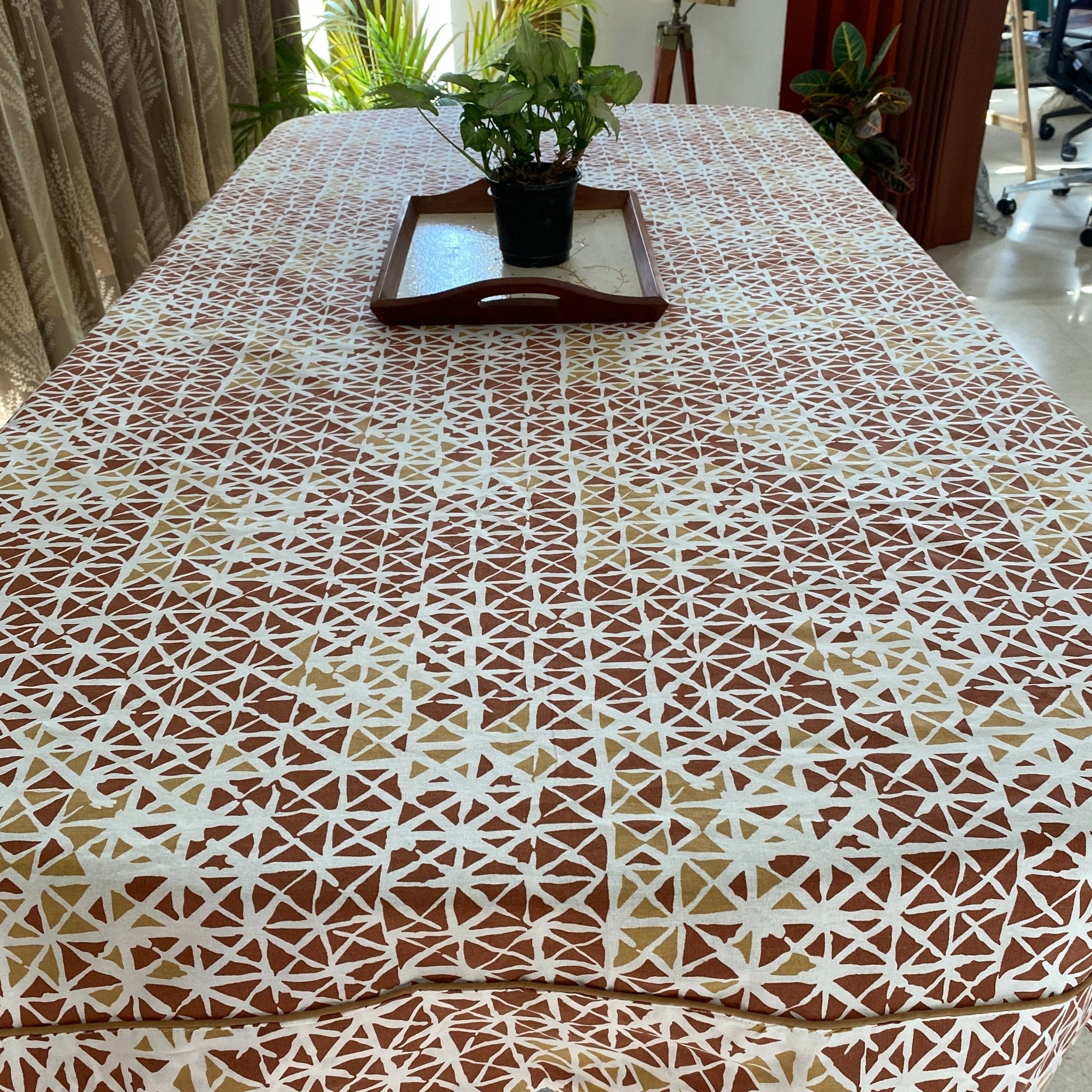 Rust Kaleidoscope 6 Seater Dining Table Cover, 100% Cotton, 60" x 90" - Coral Slub - 