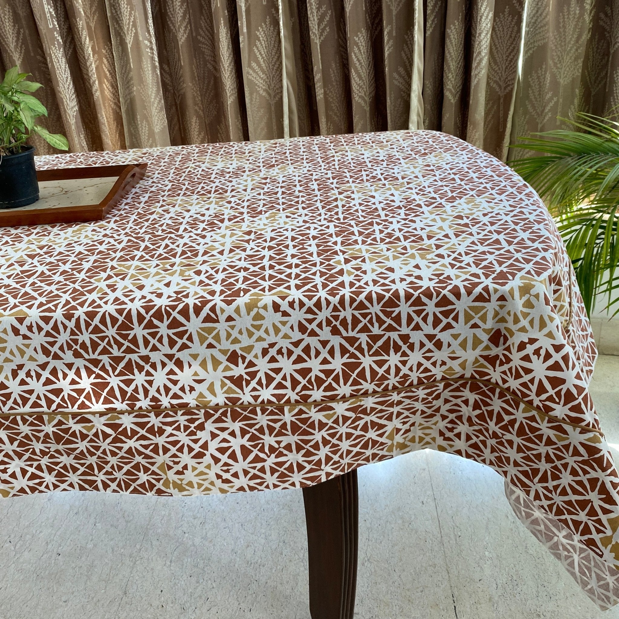 Rust Kaleidoscope 6 Seater Dining Table Cover, 100% Cotton, 60" x 90" - Coral Slub - 