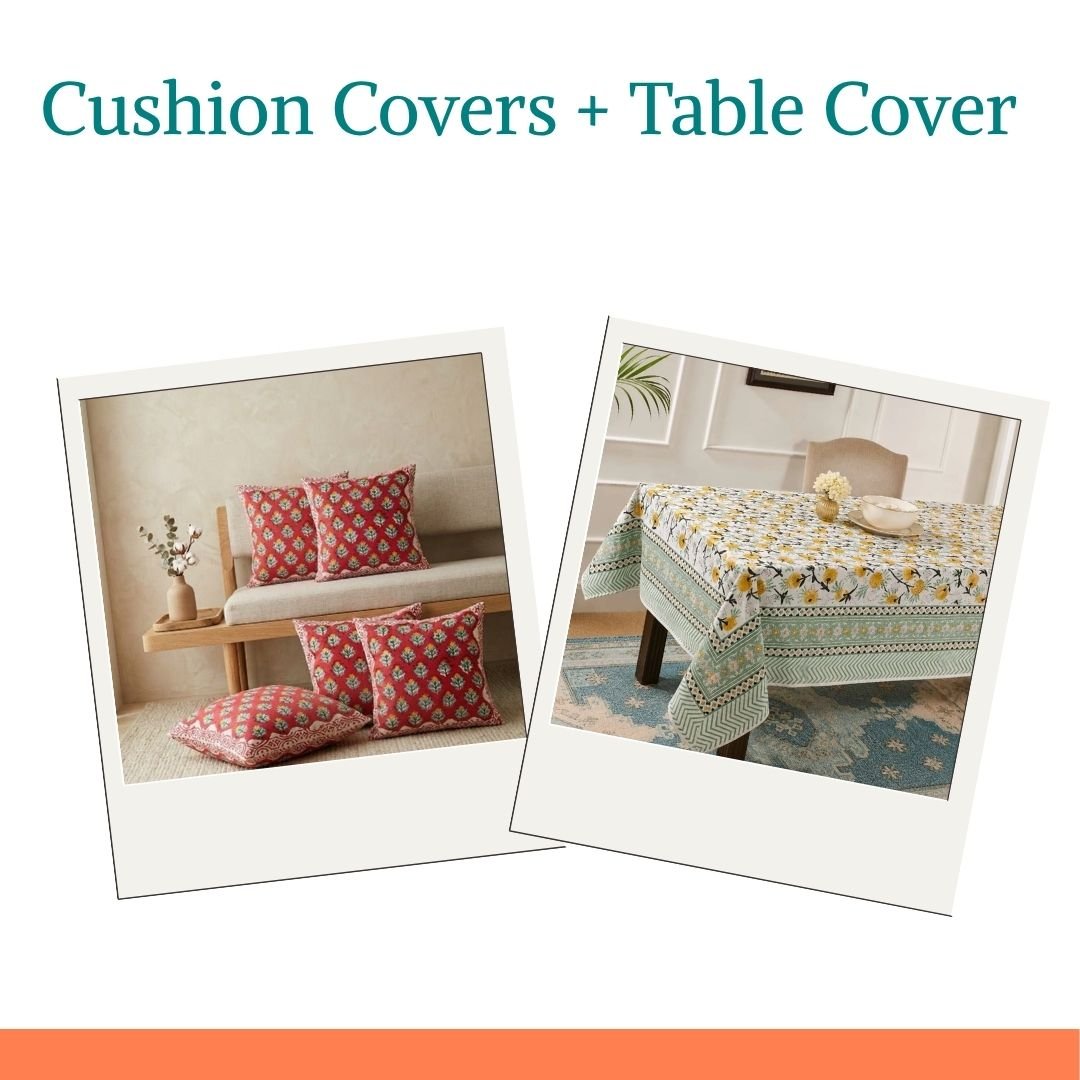 Saahiba & Kevda Dining and Décor Combo – Hand Block Printed Cushion Covers & 6-Seater Table Cover - Coral Slub -