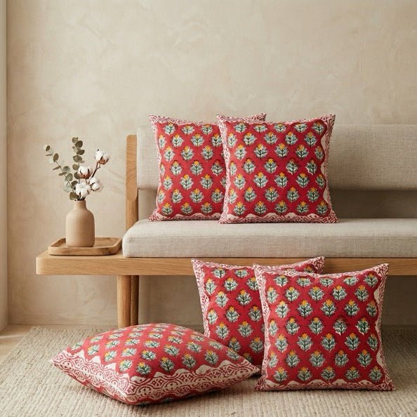 Saahiba Printed Cushion Covers, Pack of 5 - Coral Slub - 