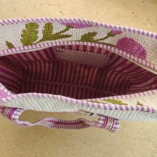 Saanjh Block Print Tote Bag - Coral Slub - 