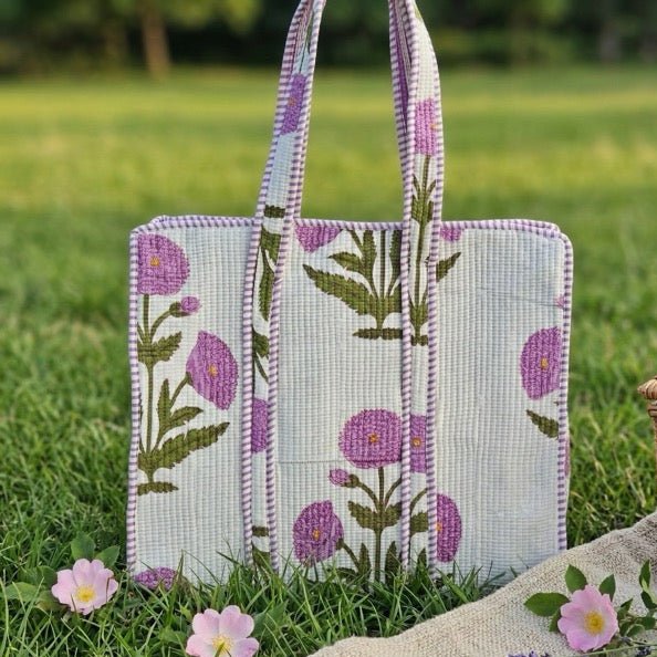 Saanjh Block Print Tote Bag - Coral Slub - 