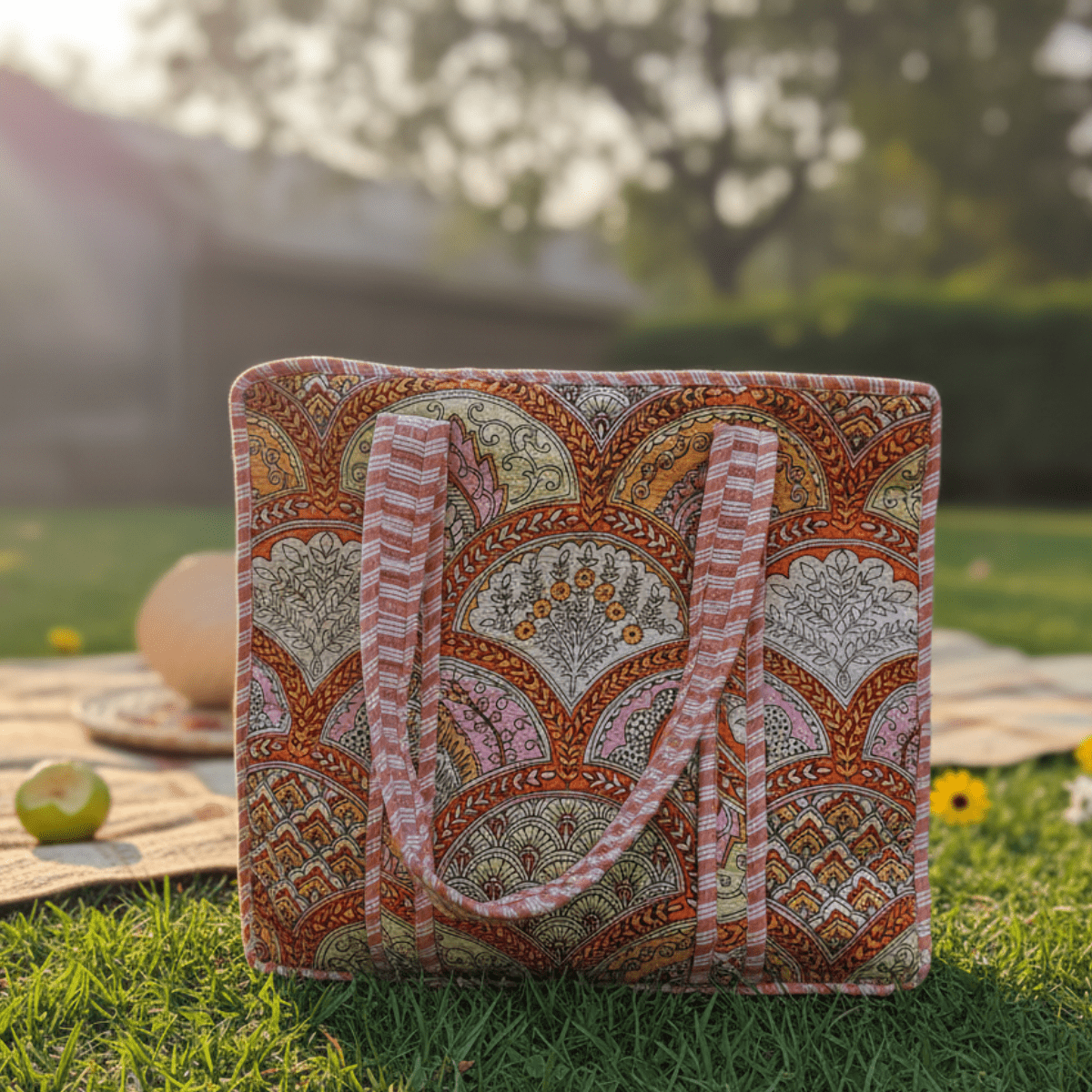 Saaz Block Print Tote Bag - Coral Slub - 