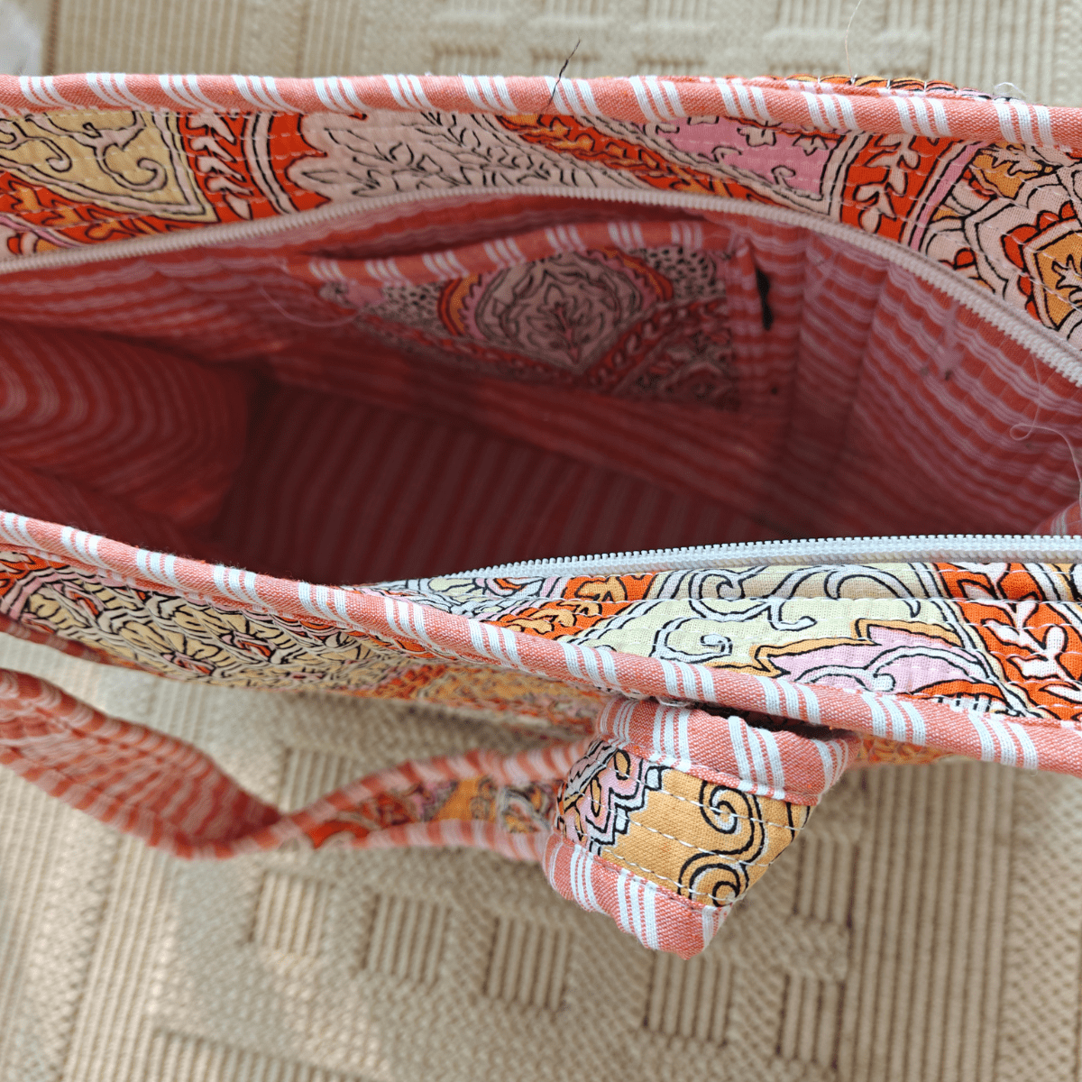 Saaz Block Print Tote Bag - Coral Slub - 