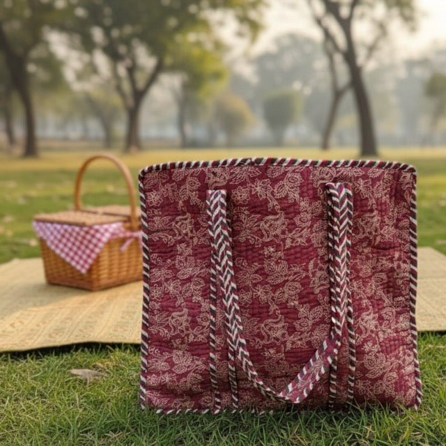 Sakhi Floral Print Tote Bag - Coral Slub - 