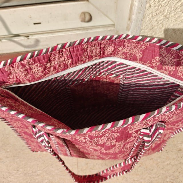 Sakhi Floral Print Tote Bag - Coral Slub - 