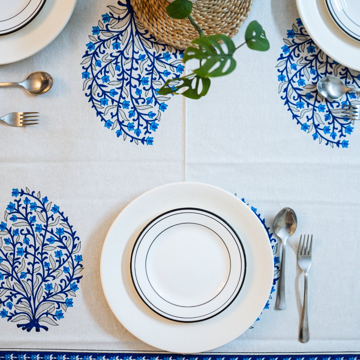 Sapphire 6 Seater Dining Table Cover, Block Print, 100% Cotton, 60" x 90" - Coral Slub - 