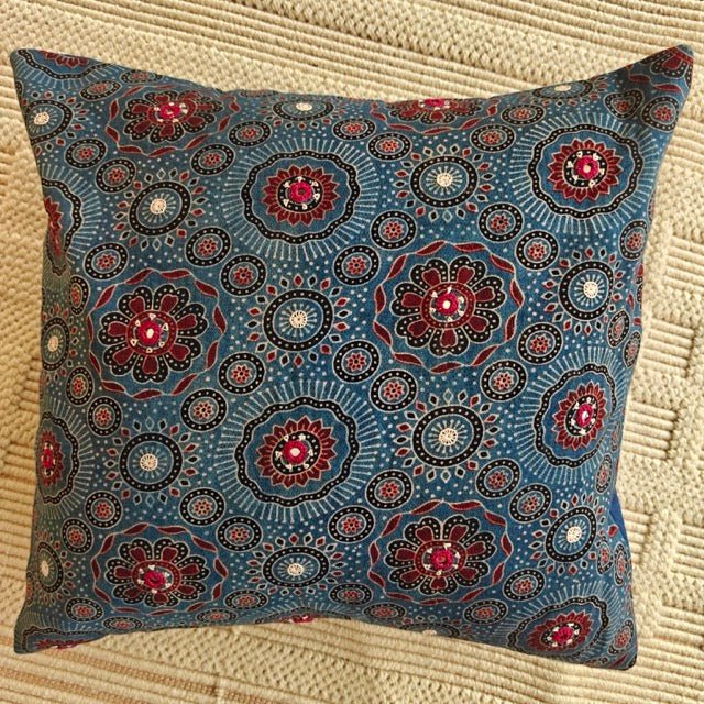 Shaam Ajrak Print Cushion Cover, 16" x 16", Pack of 1 - Coral Slub -