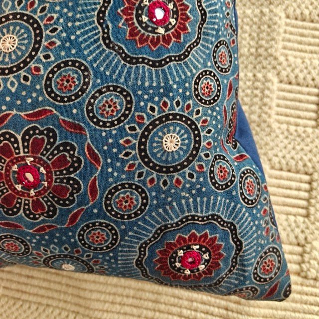 Shaam Ajrak Print Cushion Cover, 16" x 16", Pack of 1 - Coral Slub -
