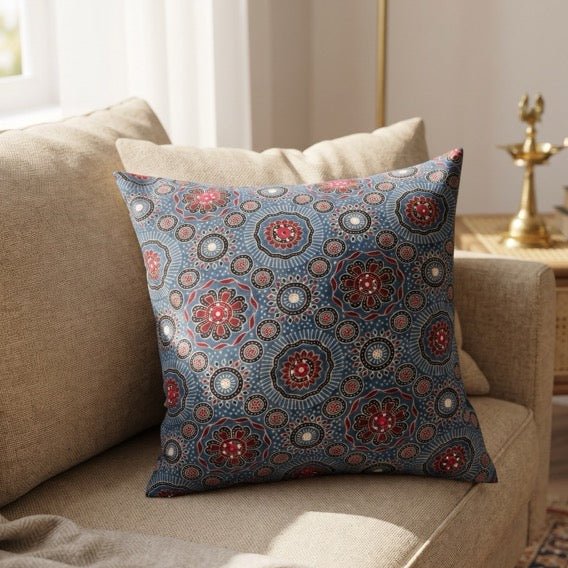 Shaam Ajrak Print Cushion Cover, 16" x 16", Pack of 1 - Coral Slub -