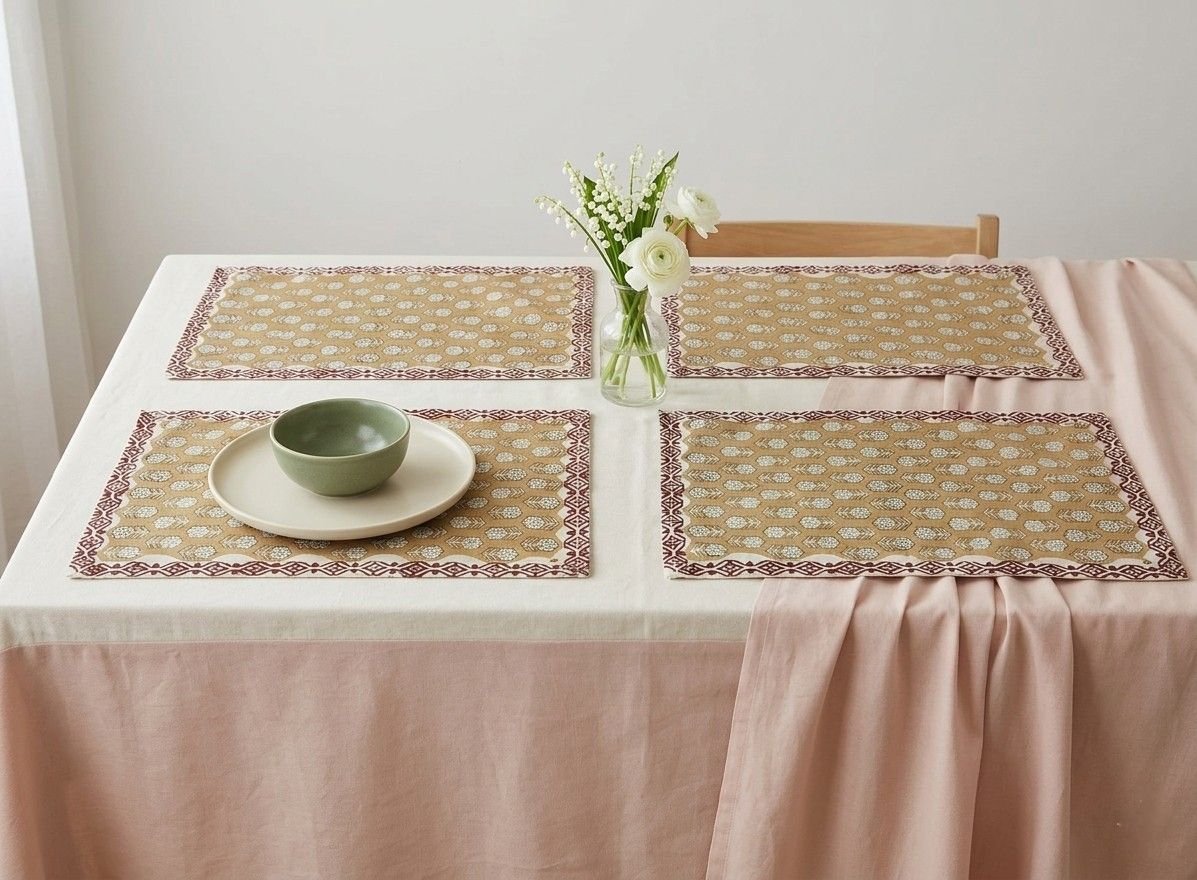 Shefali Block Print Placemats - Coral Slub -