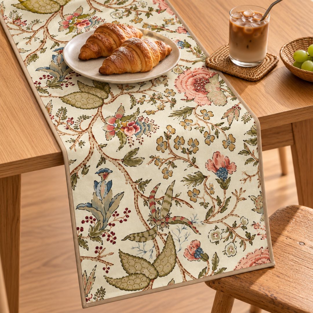 Sonata Floral Print Table Runner - Coral Slub -