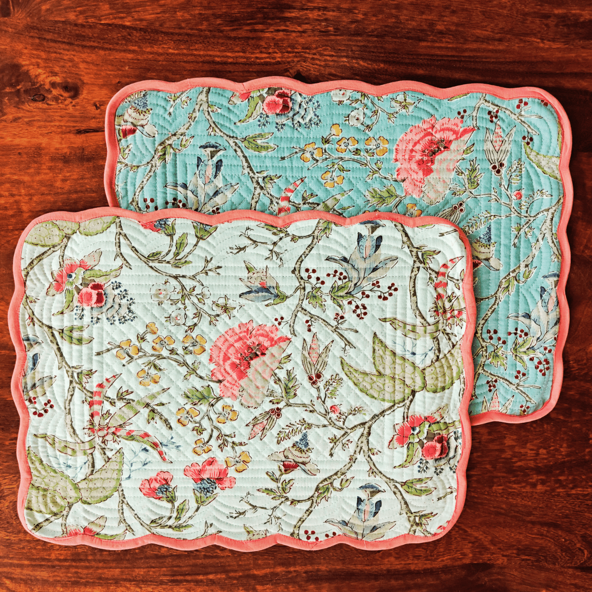 Sonata Quilted Reversible Placemats – 100% Cotton – Set of 6 - Coral Slub - 