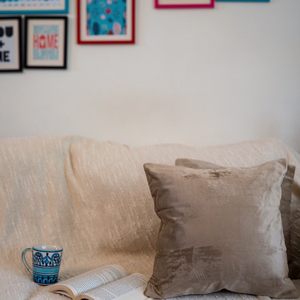 Suede Cushion Covers Beige, 16" x 16", Pack of 2 - Coral Slub - 