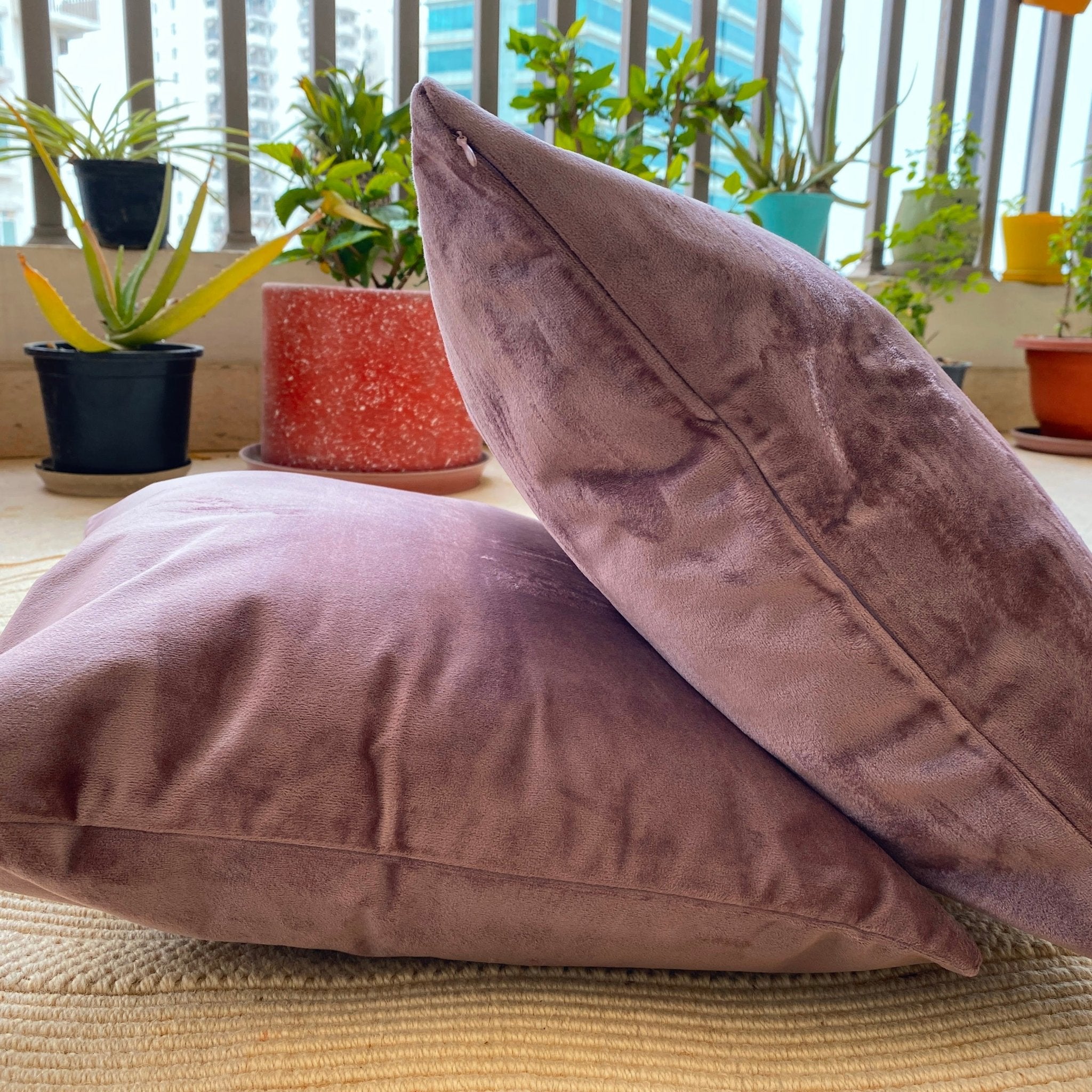 Suede Cushion Covers Rosewood, Pack of 2, 16" x 16" - Coral Slub - 