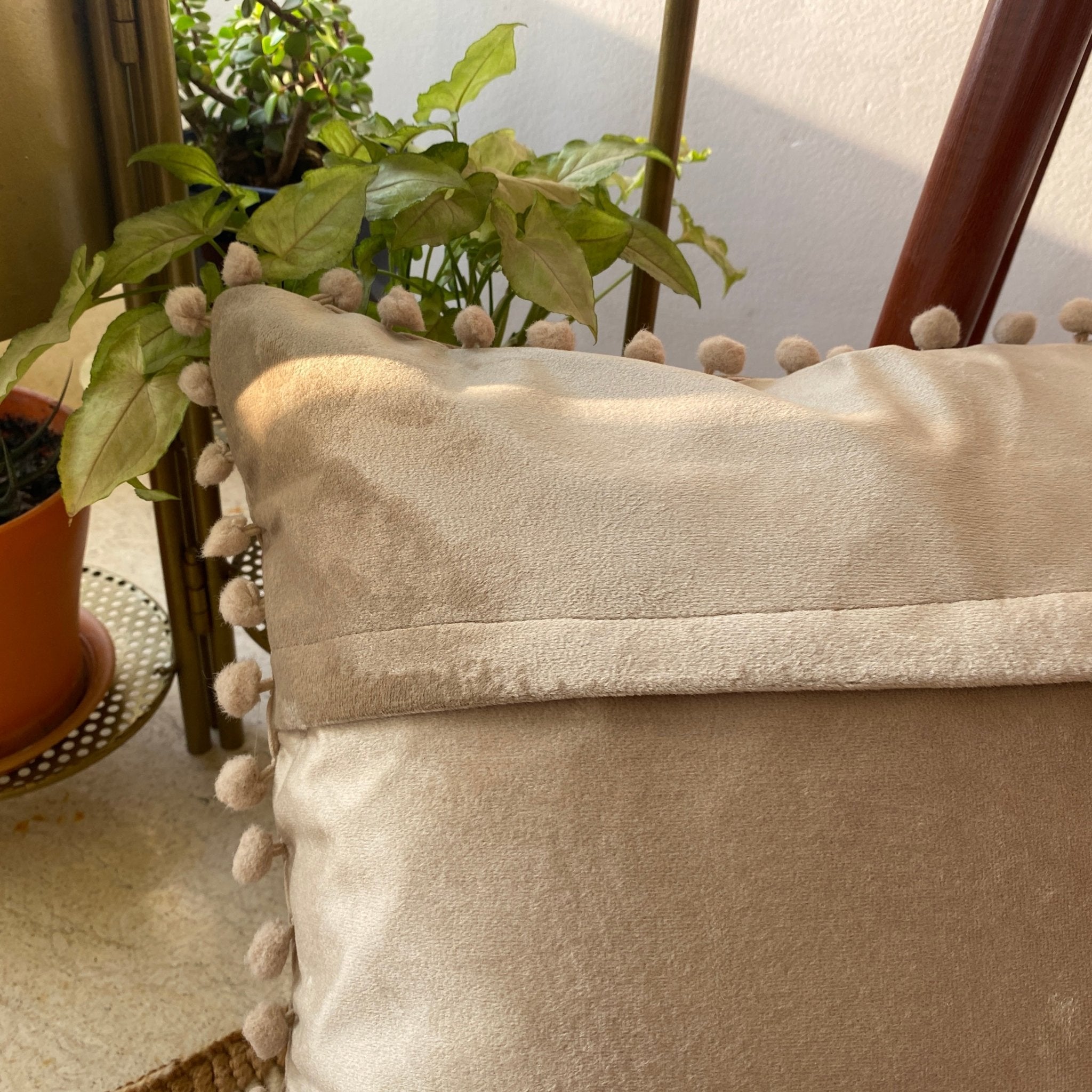 Suede Pompom Beige Cushion Covers, Pack of 2, 16" x 16" - Coral Slub - 