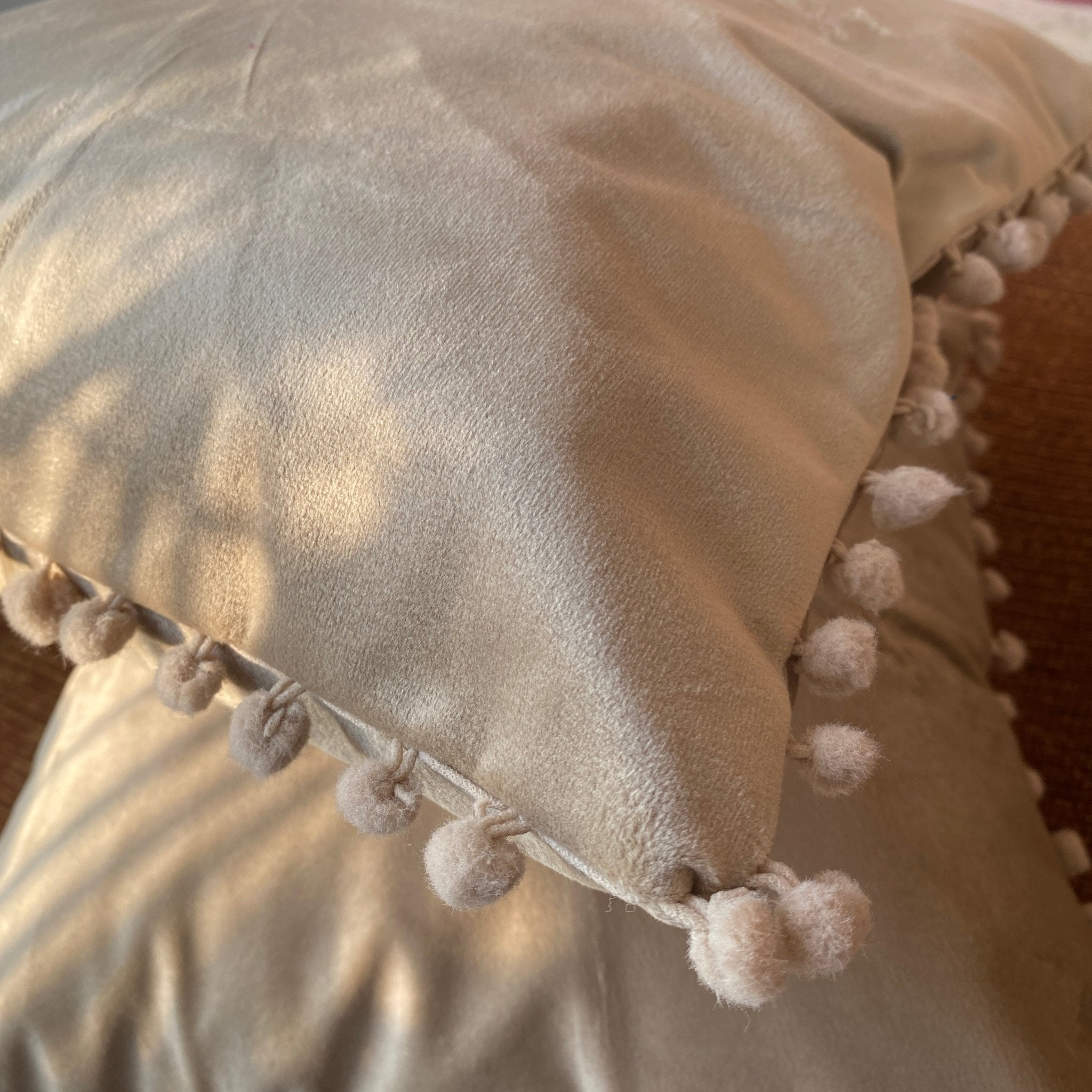 Suede Pompom Beige Cushion Covers, Pack of 2, 16" x 16" - Coral Slub - 