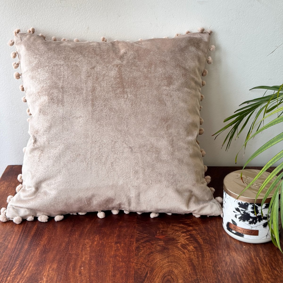 Suede Pompom Beige Cushion Covers, Pack of 2, 16" x 16" - Coral Slub - 