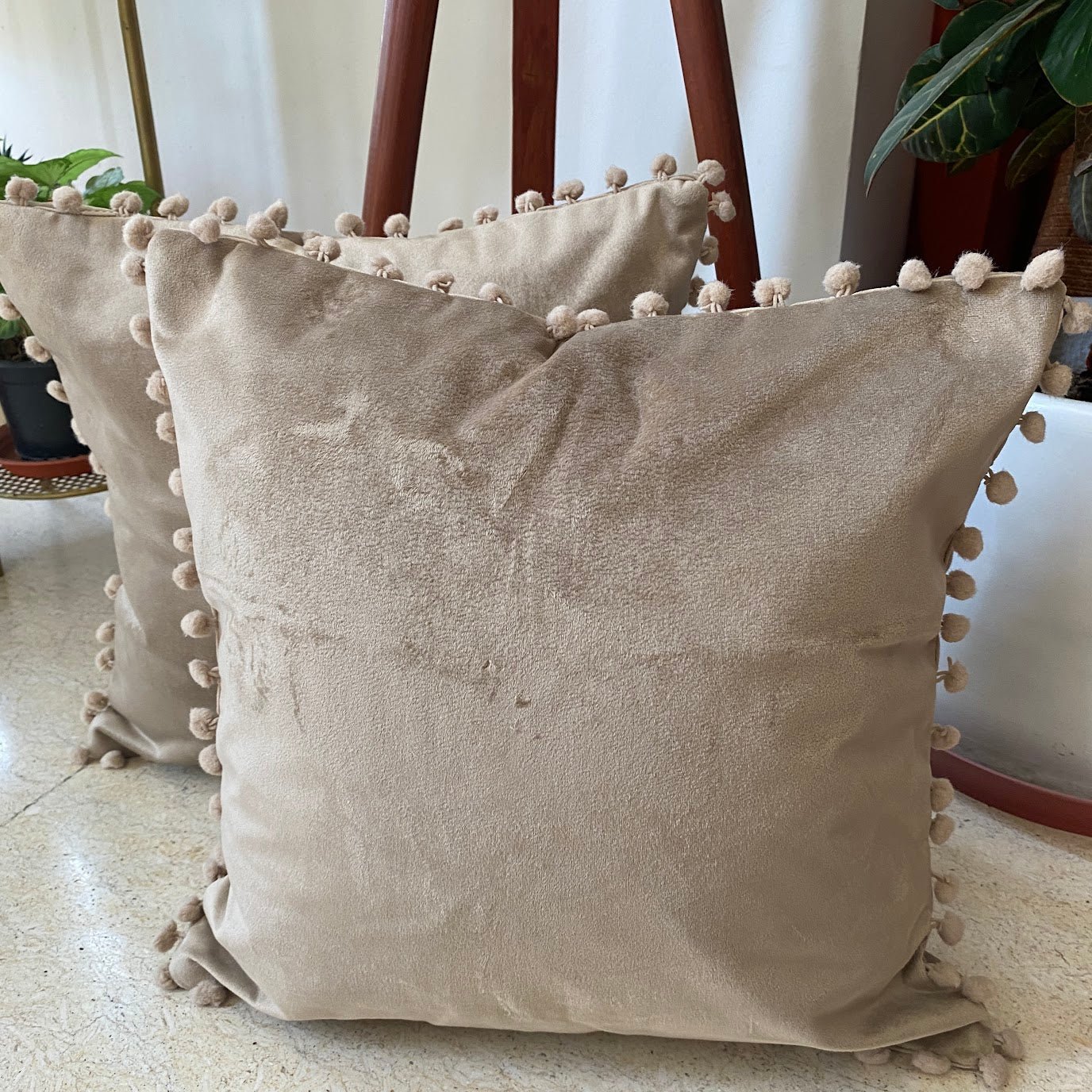 Suede Pompom Beige Cushion Covers, Pack of 2, 16" x 16" - Coral Slub - 