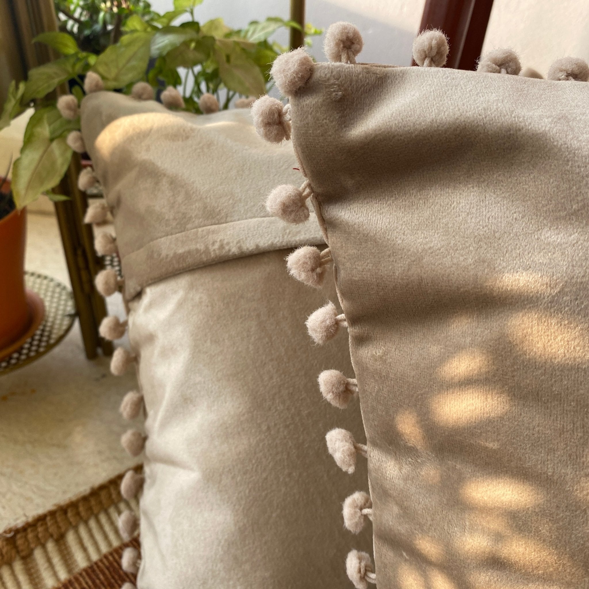 Suede Pompom Beige Cushion Covers, Pack of 2, 16" x 16" - Coral Slub - 