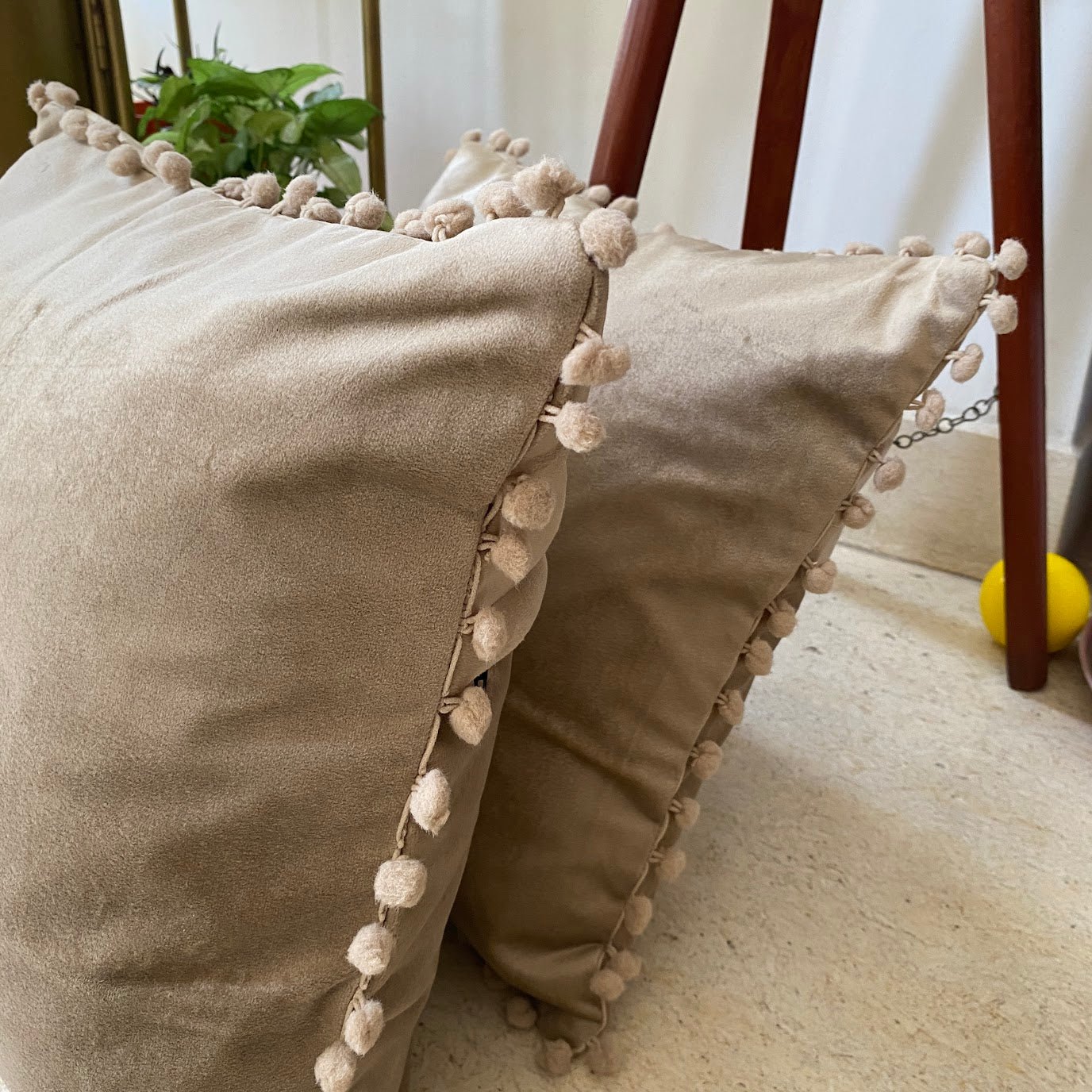 Suede Pompom Beige Cushion Covers, Pack of 2, 16" x 16" - Coral Slub - 