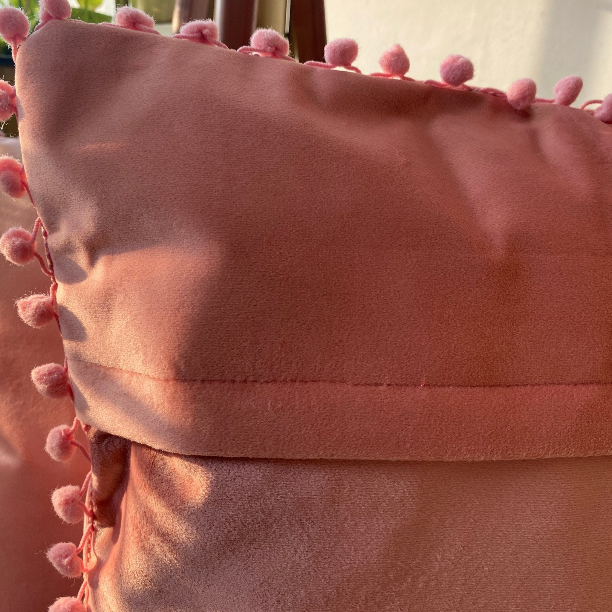 Suede Pompom Rosewood Cushion Covers, Pack of 2, 16" x 16" - Coral Slub - 