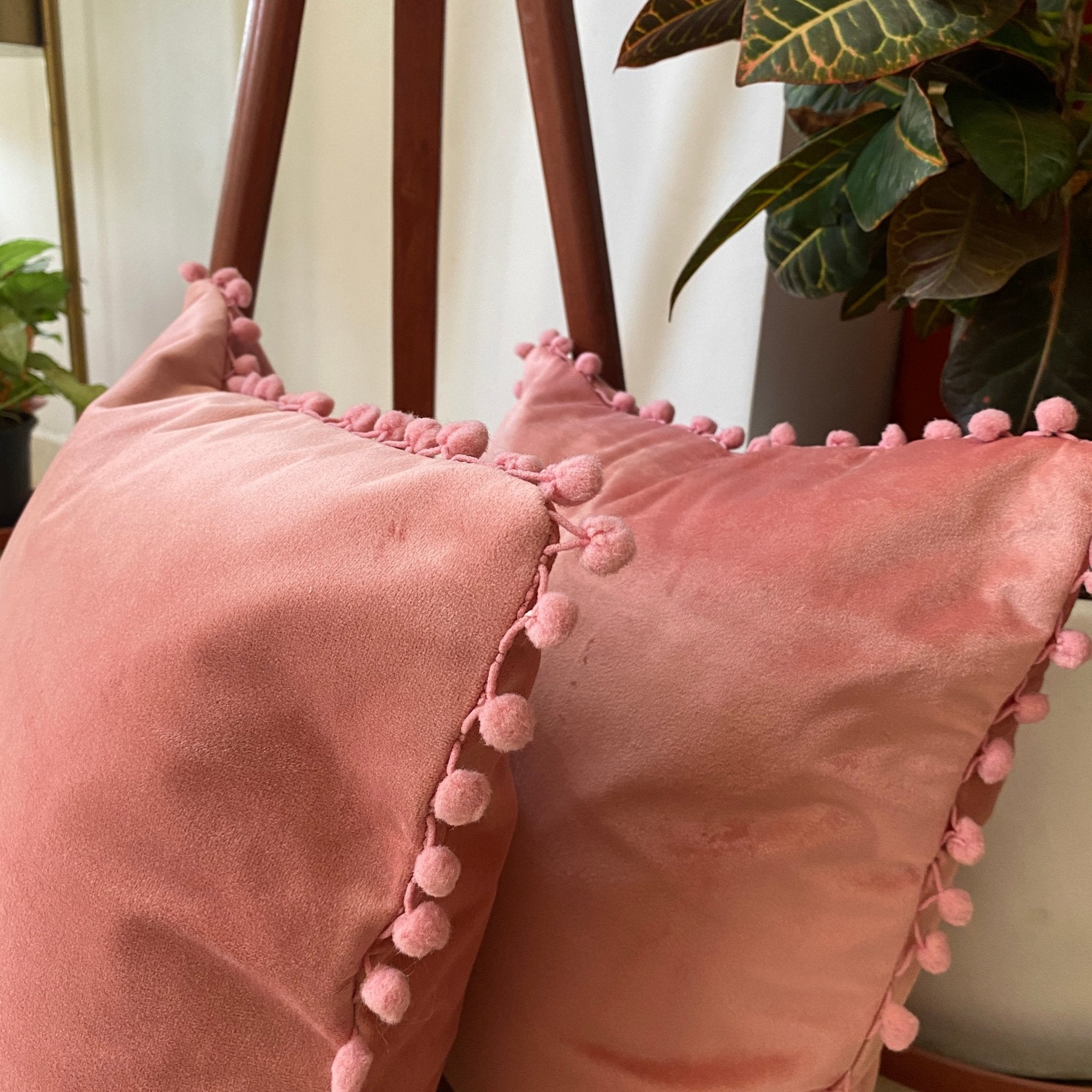 Suede Pompom Rosewood Cushion Covers, Pack of 2, 16" x 16" - Coral Slub - 