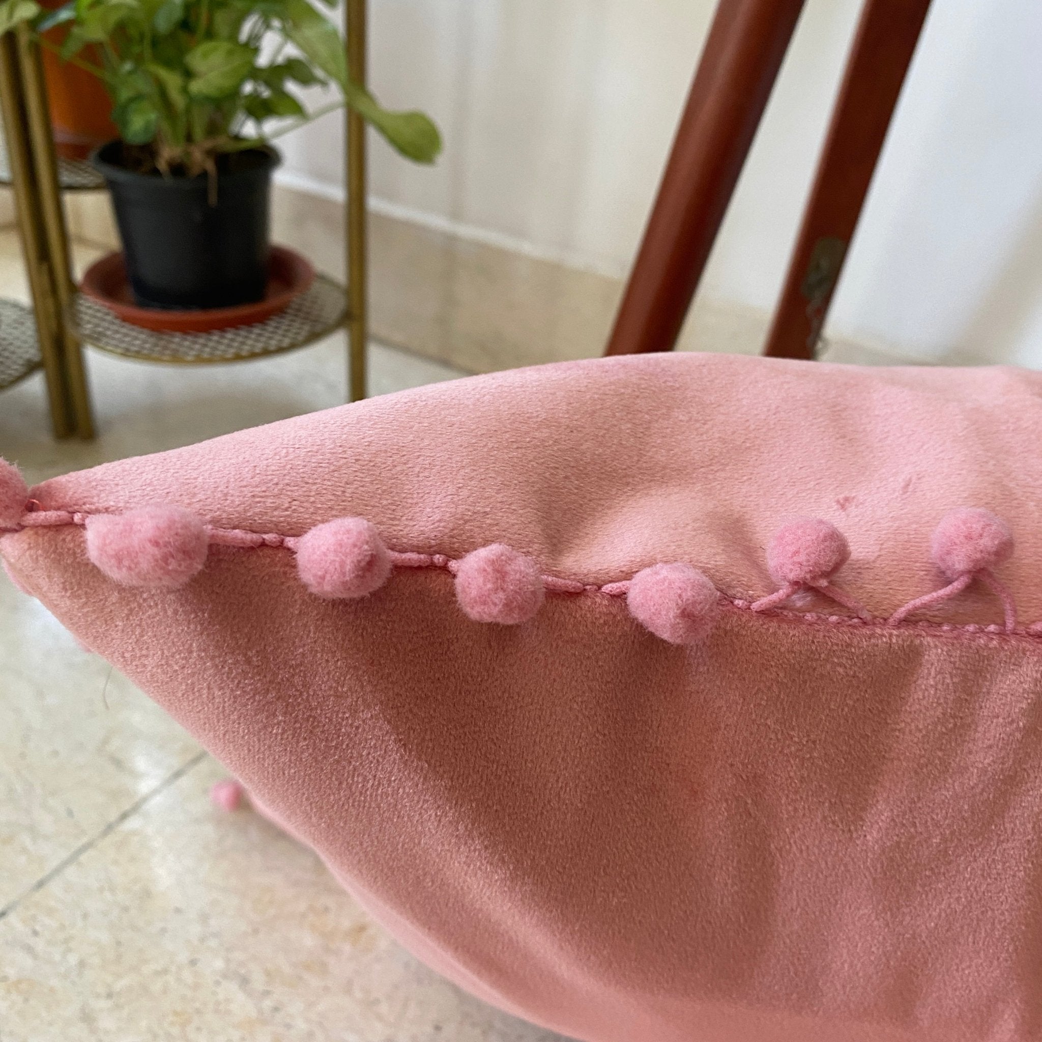 Suede Pompom Rosewood Cushion Covers, Pack of 2, 16" x 16" - Coral Slub - 