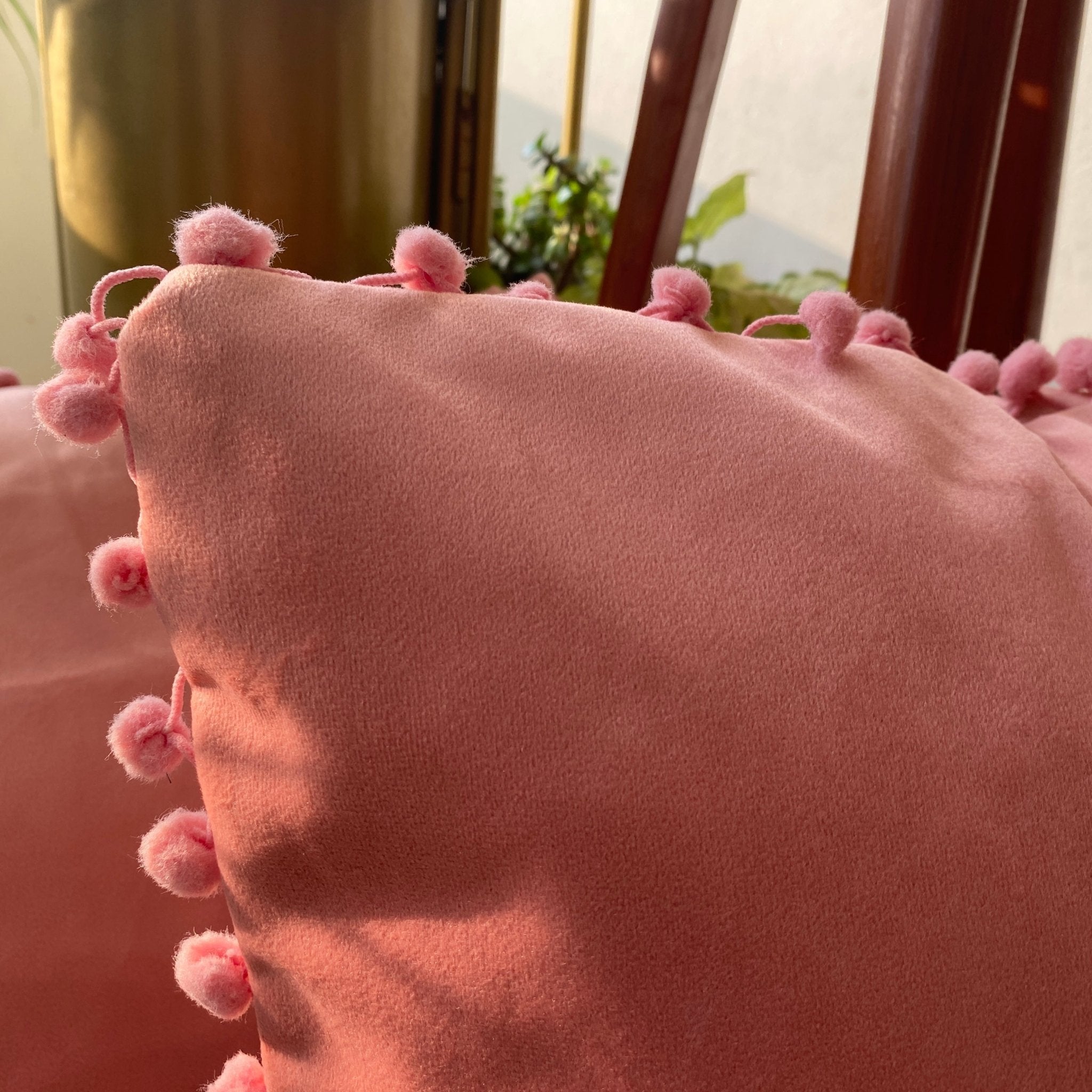 Suede Pompom Rosewood Cushion Covers, Pack of 2, 16" x 16" - Coral Slub - 