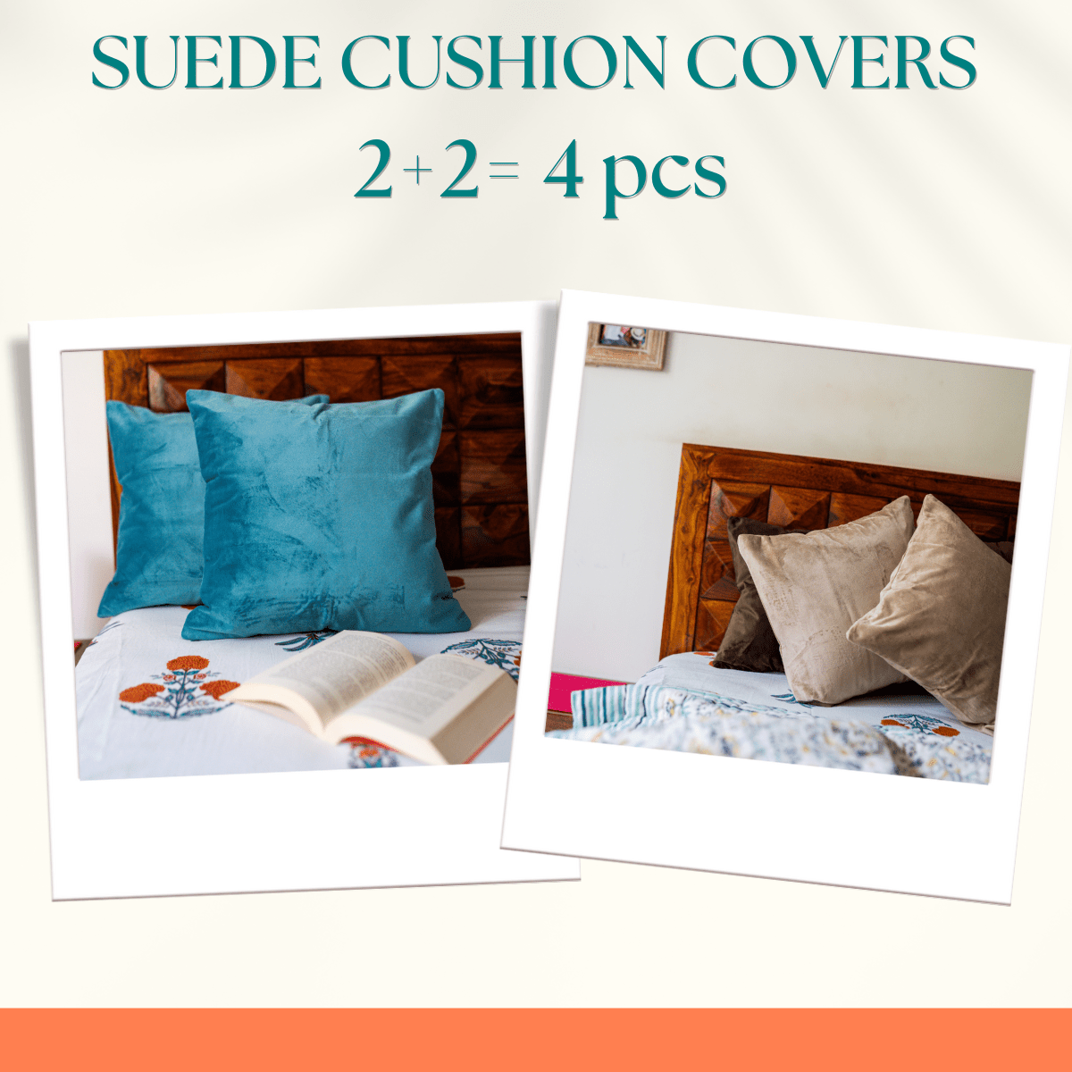 Suede Premium Cushion Covers, 16" x 16" – Beige and Aqua (4 cushion covers) - Coral Slub - 