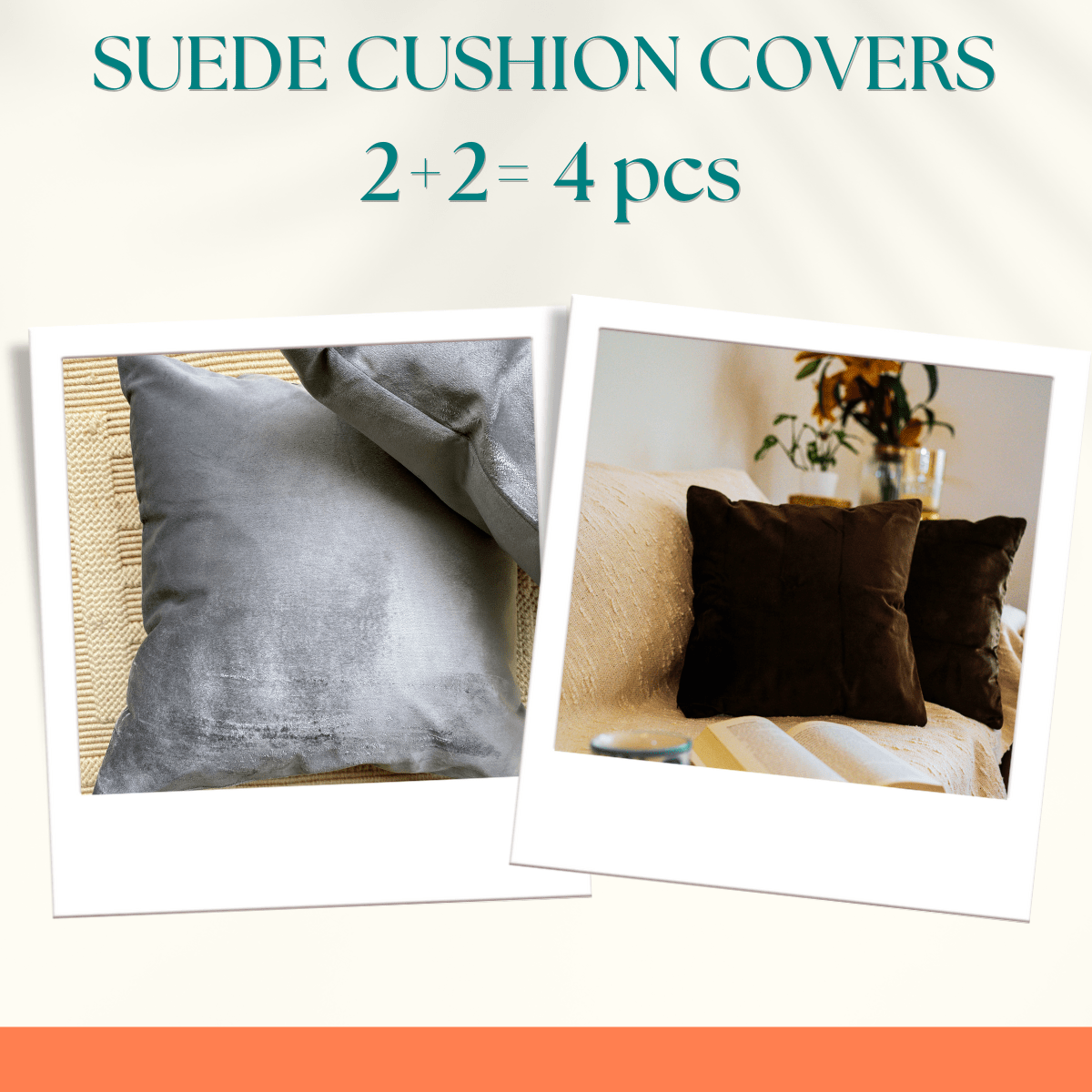 Suede Premium Cushion Covers, 16" x 16" – Silver and Coffee (4 cushion covers) - Coral Slub - 