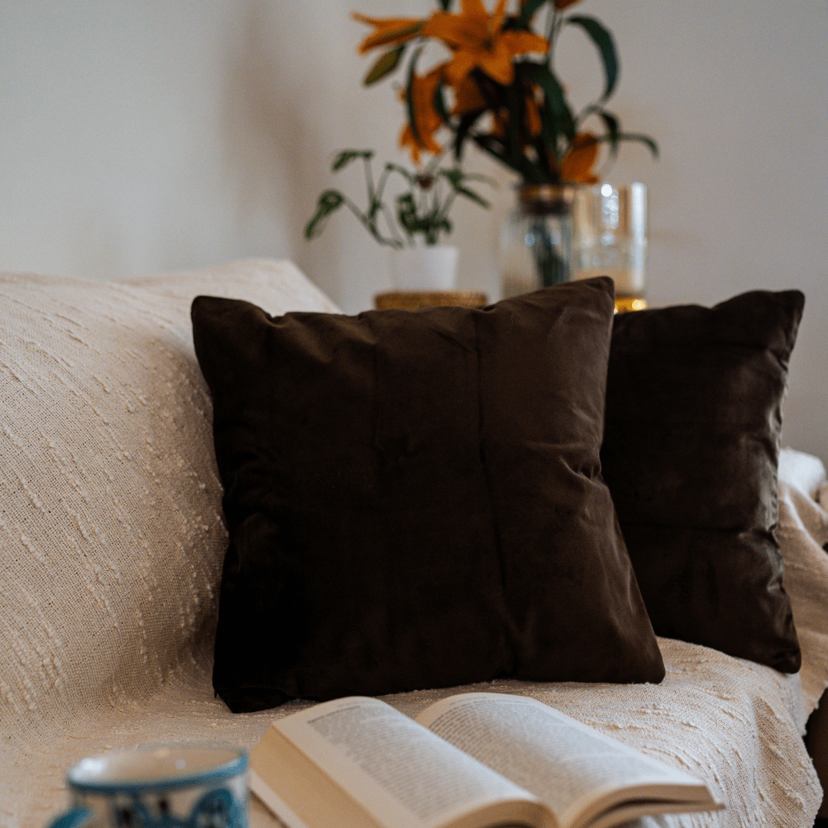 Suede Premium Cushion Covers, 16" x 16" – Silver and Coffee (4 cushion covers) - Coral Slub - 