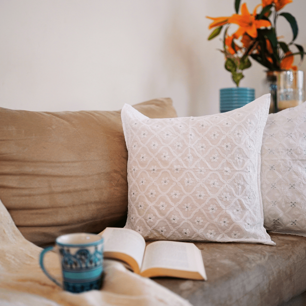 Suhana White Chikankari Cushion Cover, 18" x 18", Pack of 1 - Coral Slub - 