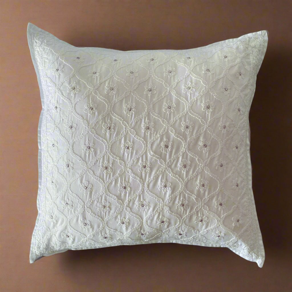 Suhana White Chikankari Cushion Cover, 18" x 18", Pack of 1 - Coral Slub - 