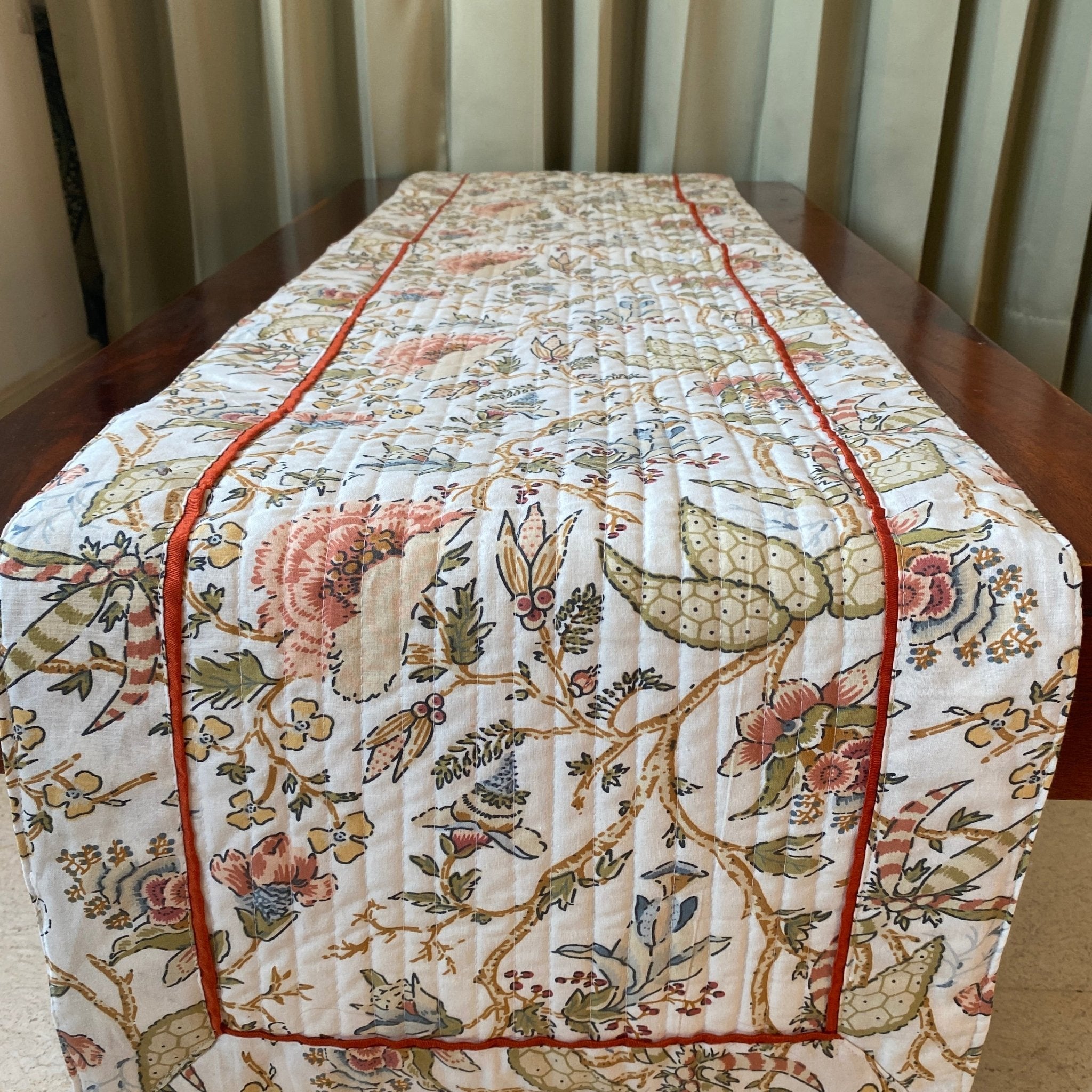 Sunkissed Peony Garden Print Table Runner, 100% cotton, 15" x 72" - Coral Slub - 