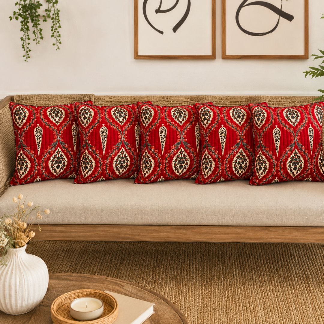 Surkh Cushion Covers, Pack of 5 - Coral Slub -