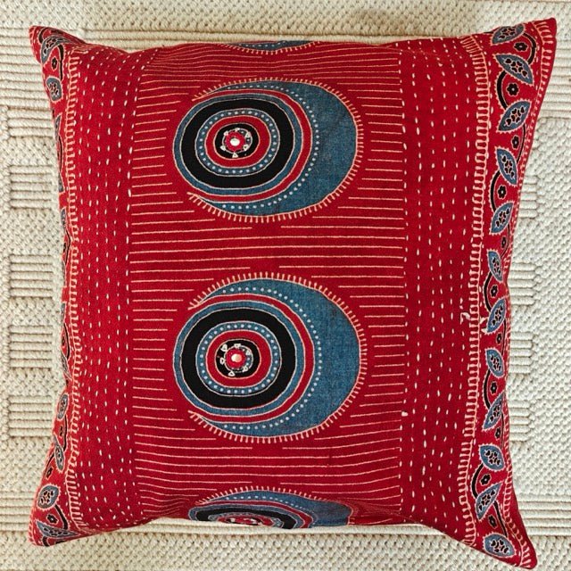 Surmai Ajrak Print Cushion Cover, 16" x 16", Pack of 1 - Coral Slub -
