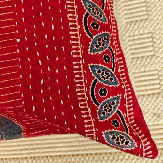 Surmai Ajrak Print Cushion Cover, 16" x 16", Pack of 1 - Coral Slub -