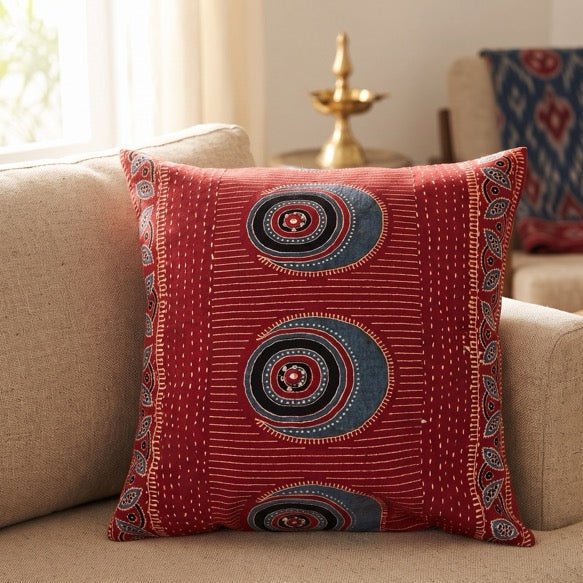 Surmai Ajrak Print Cushion Cover, 16" x 16", Pack of 1 - Coral Slub -