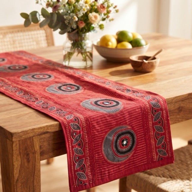 Surmai Ajrak Print Table Runner - Coral Slub -